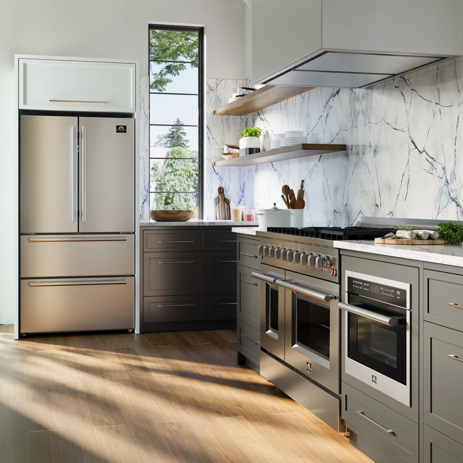 Forno Premium Stainless Steel Kitchen Package with 48" Gas Range and 2 28" Convertible Refrigerator/Freezer - FBDL-018-03CAUS - Image 2