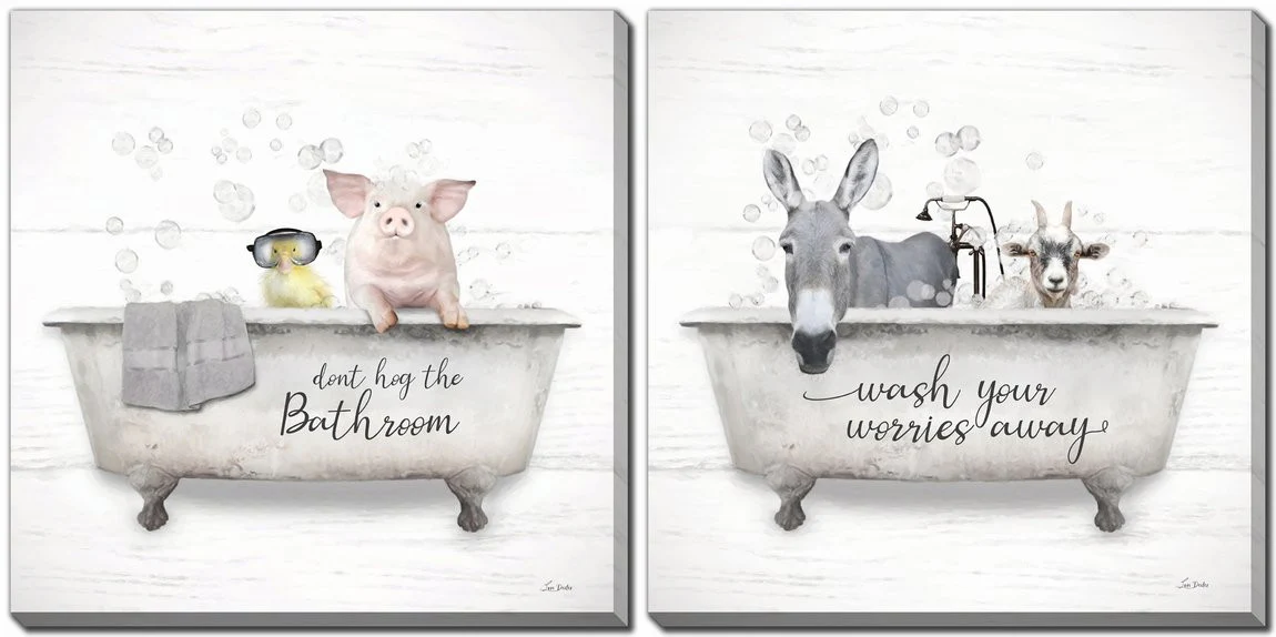 Tub Time Shenanigans Wall Art - Grey/White - 16 X 16 - Set of Two